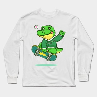 Cute crocodile playing skateboard cartoon vector icon illustration Long Sleeve T-Shirt